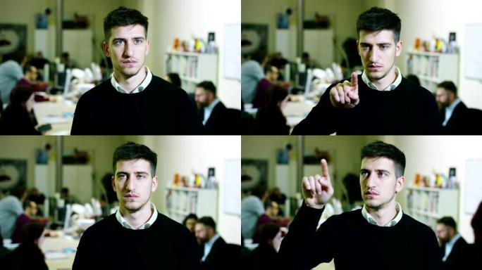 在一家体贴而富有创意的机构中，一个微笑的人的肖像，上面挂着五颜六色的笔记，并计划在玻璃和劳动人民后面