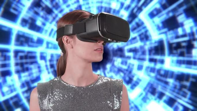 面对未来主义抽象背景的VR护目镜中的女人