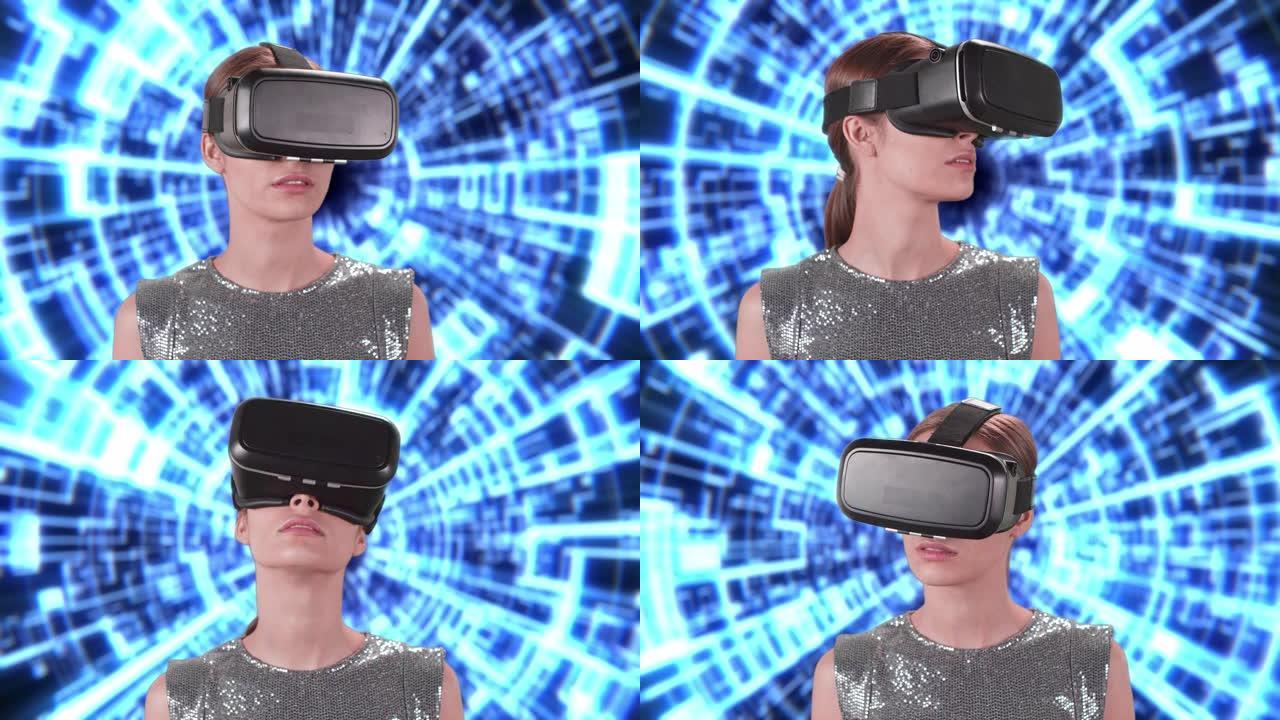 面对未来主义抽象背景的VR护目镜中的女人