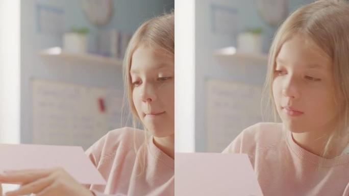 可爱的小女孩用纸折叠房子。儿童游戏和乐趣。垂直屏幕方向9:17的视频片段