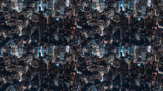曼哈顿中城夜间摩天大楼的T/L鸟瞰图/纽约