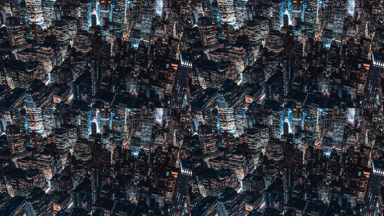 曼哈顿中城夜间摩天大楼的T/L鸟瞰图/纽约