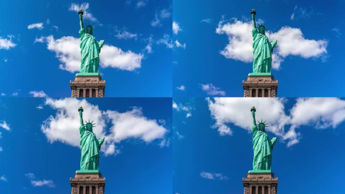 自由女神像的4k时间流逝在美国纽约曼哈顿纽约港的自由岛上启发世界。旅游和世界遗产概念