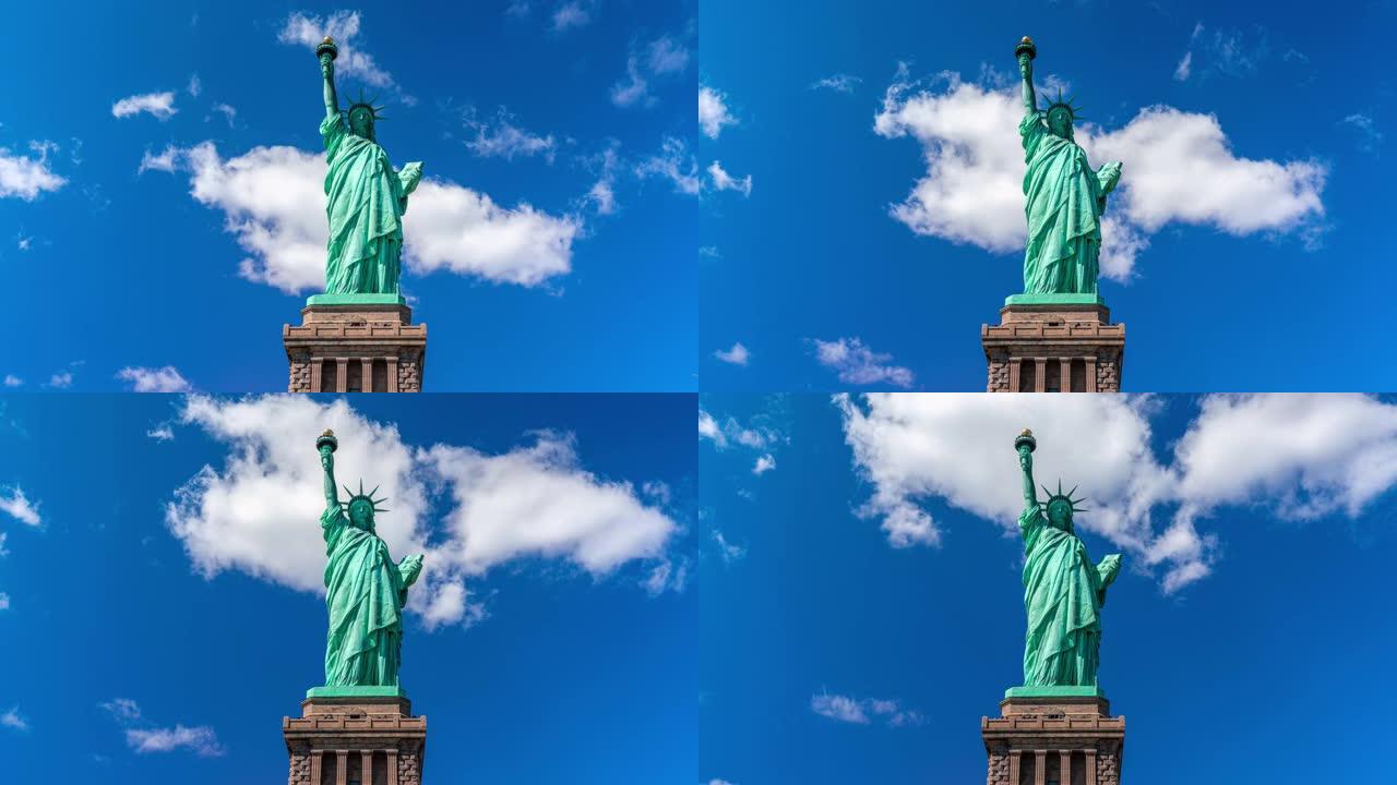 自由女神像的4k时间流逝在美国纽约曼哈顿纽约港的自由岛上启发世界。旅游和世界遗产概念