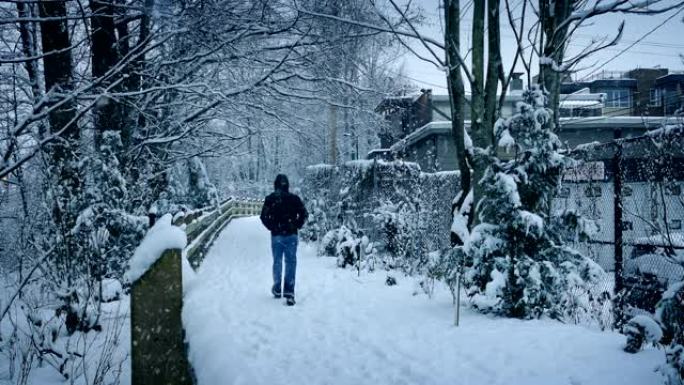 人在降雪中走在小路上