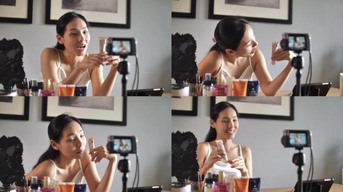 Youtuber vlogging在家录制带化妆化妆品的vlog视频
