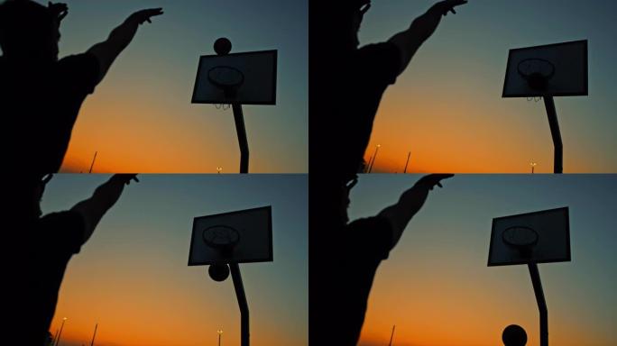 MS SUPER SLO MO TIMEWARP EFFECT男子黄昏在室外篮球场打篮球