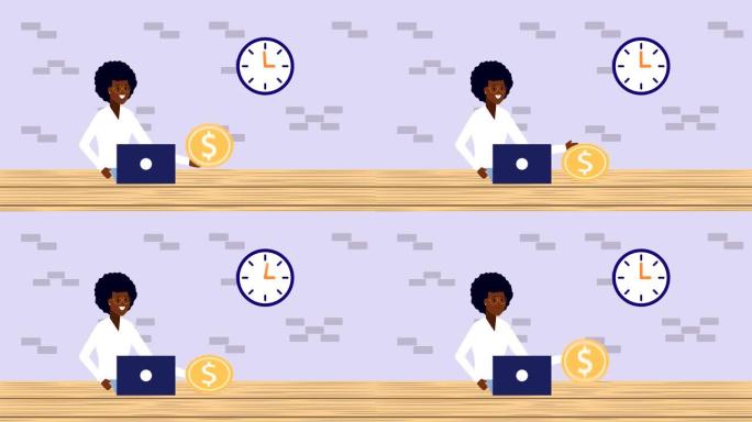 非洲女商人使用带有金钱动画的笔记本电脑