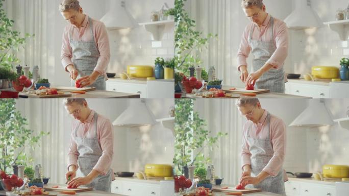 潮人用锋利的菜刀切碎西红柿。在现代厨房准备健康的有机沙拉餐。天然素食和健康生活理念。