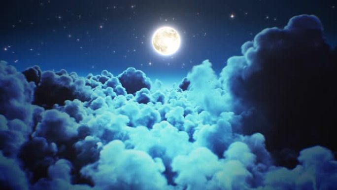 飞越夜晚的延时云彩，月亮灯无缝。在午夜云景中循环飞行的3d动画，天空中闪烁的星星。