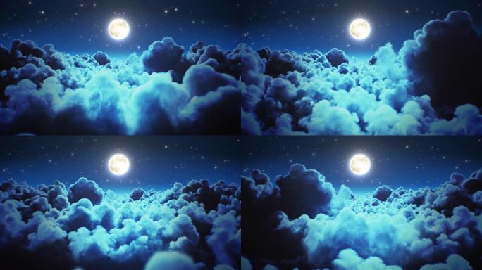 飞越夜晚的延时云彩，月亮灯无缝。在午夜云景中循环飞行的3d动画，天空中闪烁的星星。