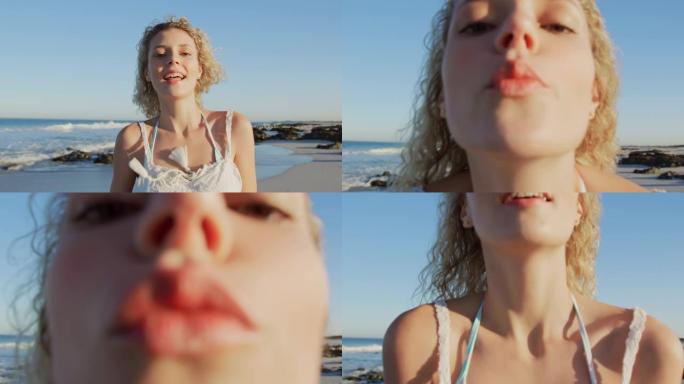 年轻女子吹吻相机4k