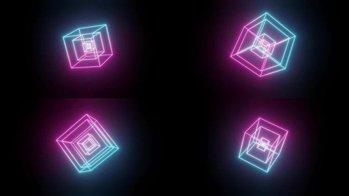 旋转发光霓虹灯立方体，荧光紫外光，抽象无缝循环3d渲染几何背景