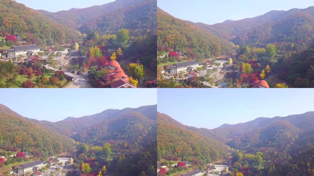 韩国Wawoo寺龙仁的鸟瞰图秋天