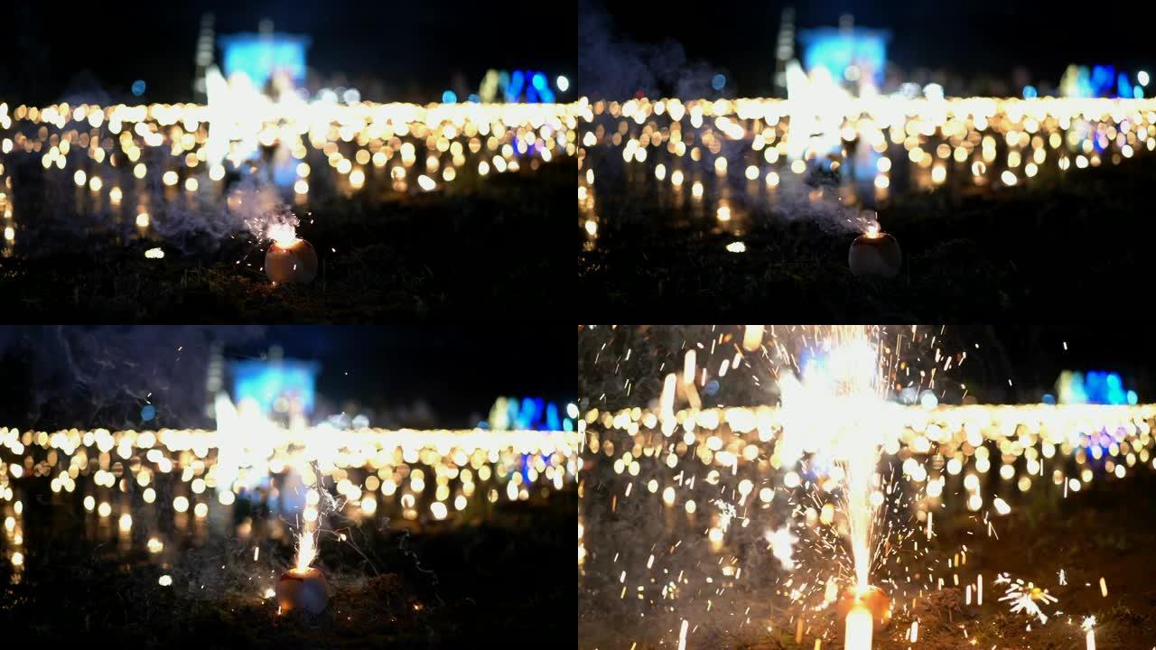 泰国Loi Kratong节地面上的CU慢动作喷泉烟花