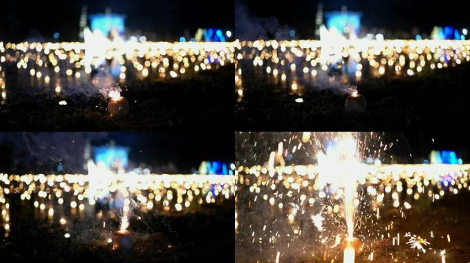 泰国Loi Kratong节地面上的CU慢动作喷泉烟花
