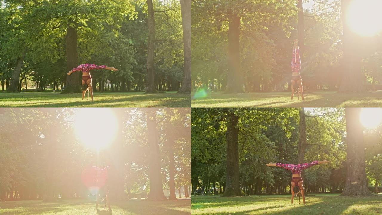 Strong女士，运动的年轻女子在阳光明媚的田园诗般的公园练习瑜伽倒立