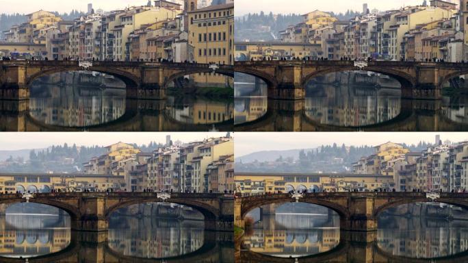 早上意大利佛罗伦萨阿诺河上的圣塔特丽尼塔桥全景。平移镜头，4K