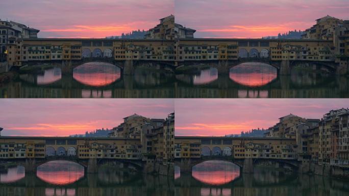 意大利佛罗伦萨。日出时的旧桥桥。平移镜头，UHD