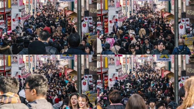 在日本东京市原宿站竹下街参观和享受最时髦时尚的未定义人群和游客人群的4k时间流逝。日本文化和购物区概