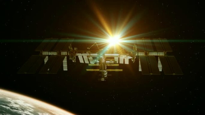 4K.国际空间站在旭日背景下旋转太阳能电池板。
