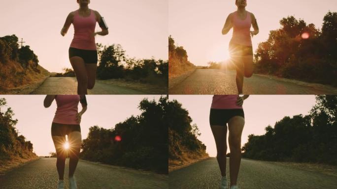 日落时在乡间小路上奔跑的SLO MO女人