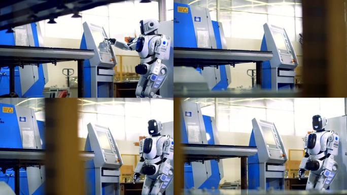 机器人，机器人按下工业机器上的按钮。