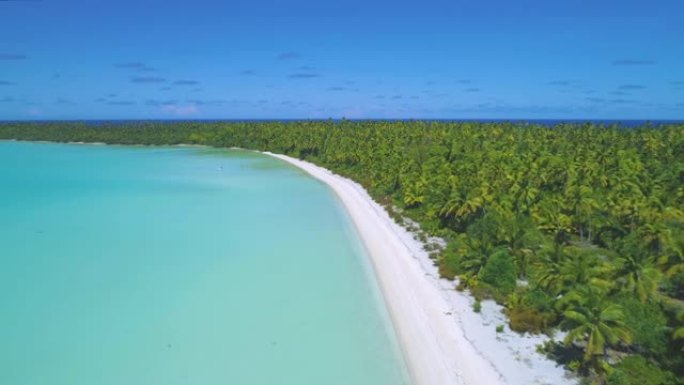 空中: 壮观的热带岛屿沙质海岸延伸到远处。
