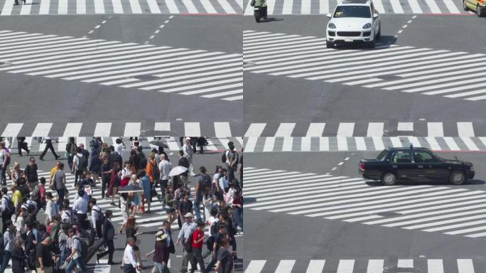 在日本东京，穿越涩谷过境点的通勤者的时间流逝人群。