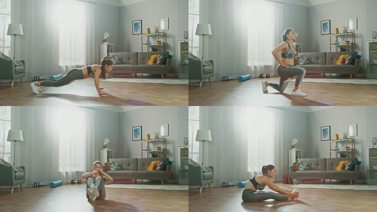 一个穿着灰色运动服的强壮健美女孩的延时镜头，在她明亮宽敞的客厅和简约的室内大力锻炼。