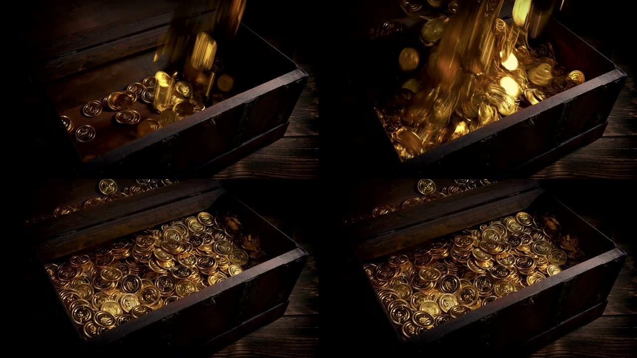金币倒入旧木箱金币撒落