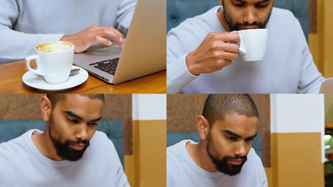 男子在咖啡馆4k使用笔记本电脑时喝咖啡