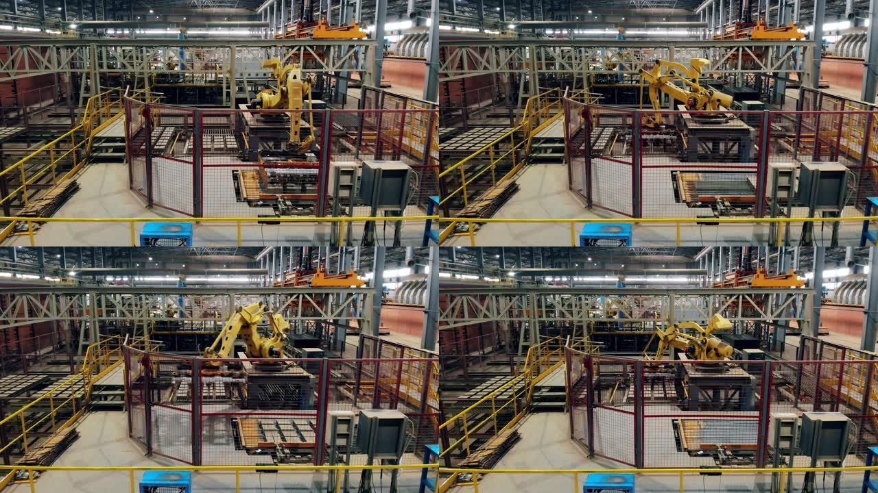 机器人工业综合体、机器人机械手和现代工厂。延时。