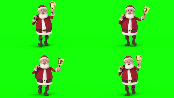 走在绿色背景上的圣诞老人。无缝循环3d动画。前视图