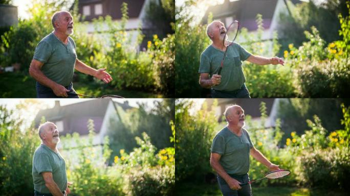活跃的老年人在阳光普照的花园里打羽毛球