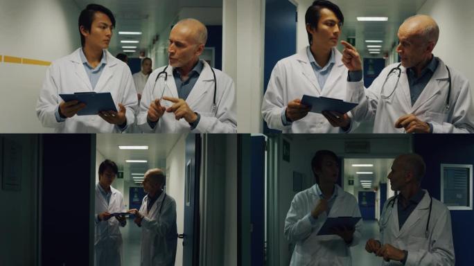 医生和男护士正在讨论病人的诊断，以便将来在医院病房散步时对他的治疗提出建议。