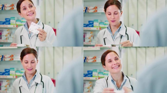 年轻女药剂师在药店向病人移交处方药的慢动作