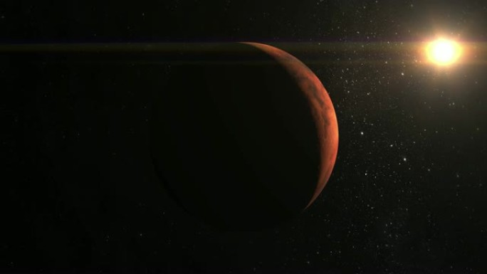 火星行星。摄像机正在接近火星。太阳在右上方的框架中。从太空看。星星闪烁。4K。