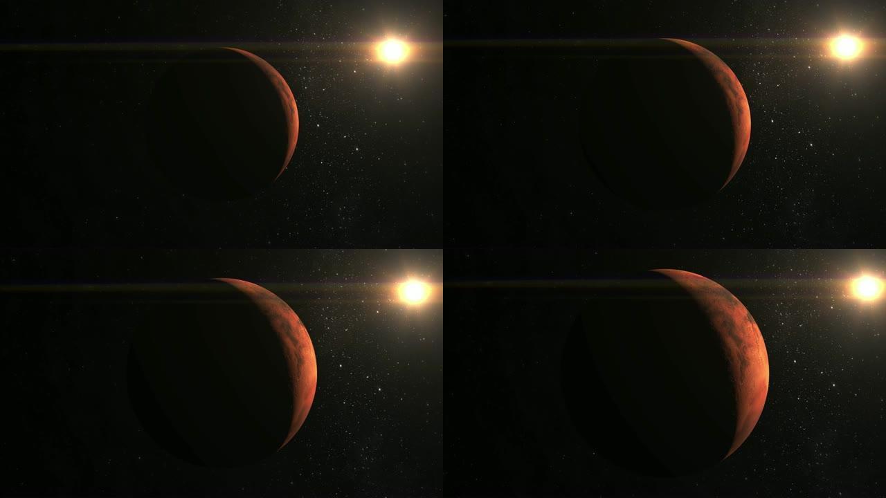 火星行星。摄像机正在接近火星。太阳在右上方的框架中。从太空看。星星闪烁。4K。