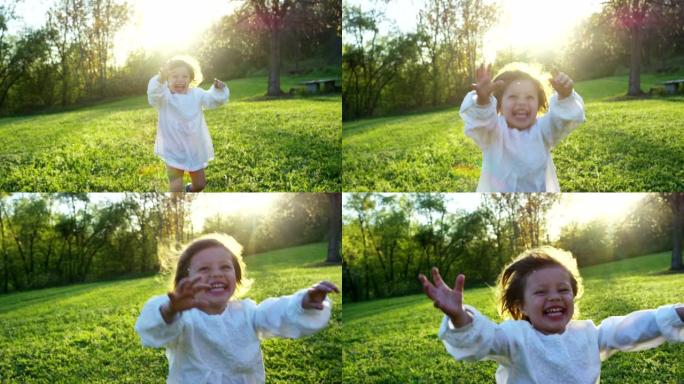两岁的女孩奔向草地上的一棵树，并随着他的奔跑而成长。成长的概念，生命的流逝，时间的流逝。愉快的生活和