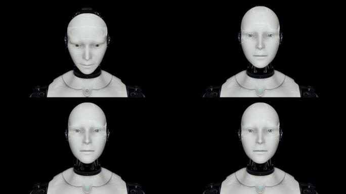 未来派人形机器人打开并抬起头。相机拍摄中等镜头。在黑色背景上。4K. 3D动画。