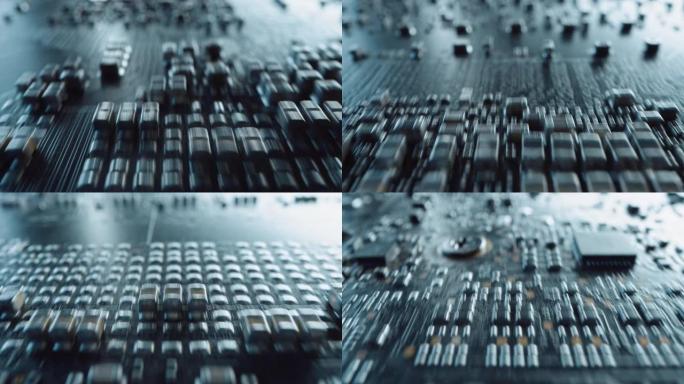 微距相机在印刷电路板上快速移动，显示计算机主板组件: 晶体管、电阻器、电容器、半导体。电子设备内部，