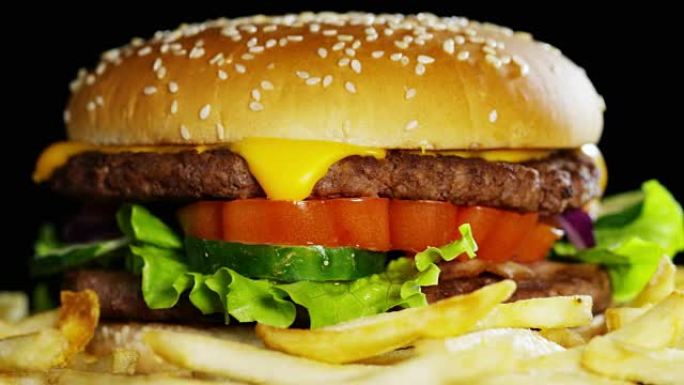 一个汉堡，里面有洋葱，西红柿，帕尔马沙拉和调味料，可搭配或不搭配薯条。汉堡包是典型的美国食品，从食物