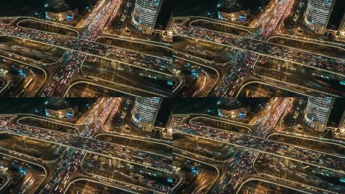 夜间/北京的天桥和城市交通的T/L WS鸟瞰图