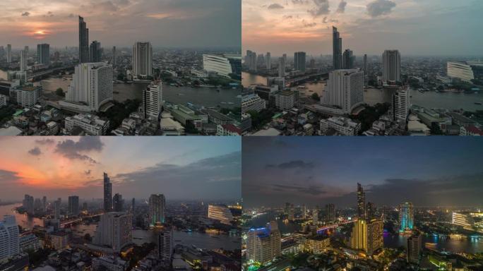 曼谷城市景观河边的4k时间流逝，日落时分，带日夜概念，带缩放技术