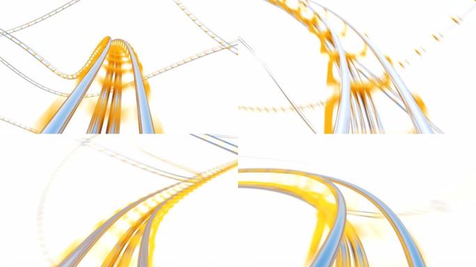 美丽的过山车在白色背景上非常快速无缝。抽象过山车吸引力曲线铁路的循环3d动画。娱乐概念。