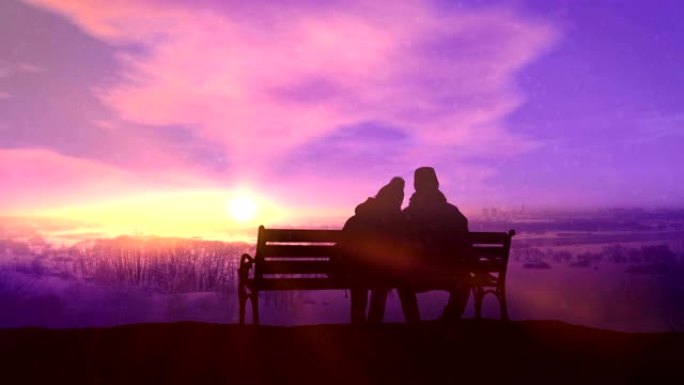 长凳上的夫妇看着冬天的风景