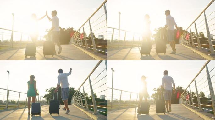 镜头耀斑: 女人和男友带着行李去机场时高五。