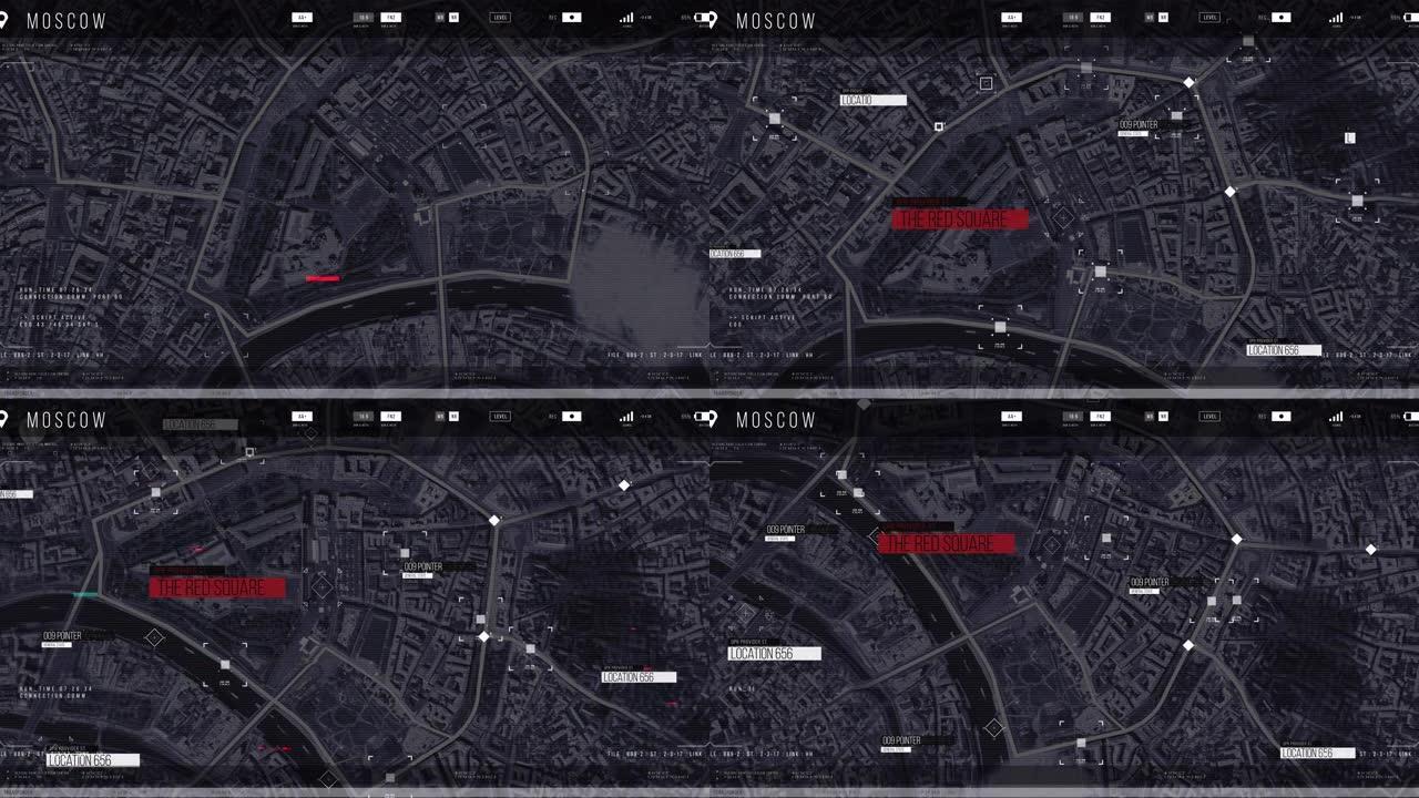 自上而下的空中无人机跟踪镜头: 白色自动驾驶汽车穿越城市。概念: 人工智能扫描周围环境，检测汽车。