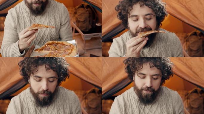 吃披萨的男人野外野蛮大胡子男人